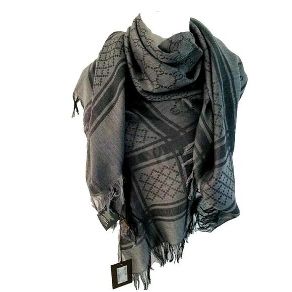 GUCCI Graphite Black Wool Silk Shawl Diamante GG Print Scarf Wrap 544615 NEW - Picture 8 of 12